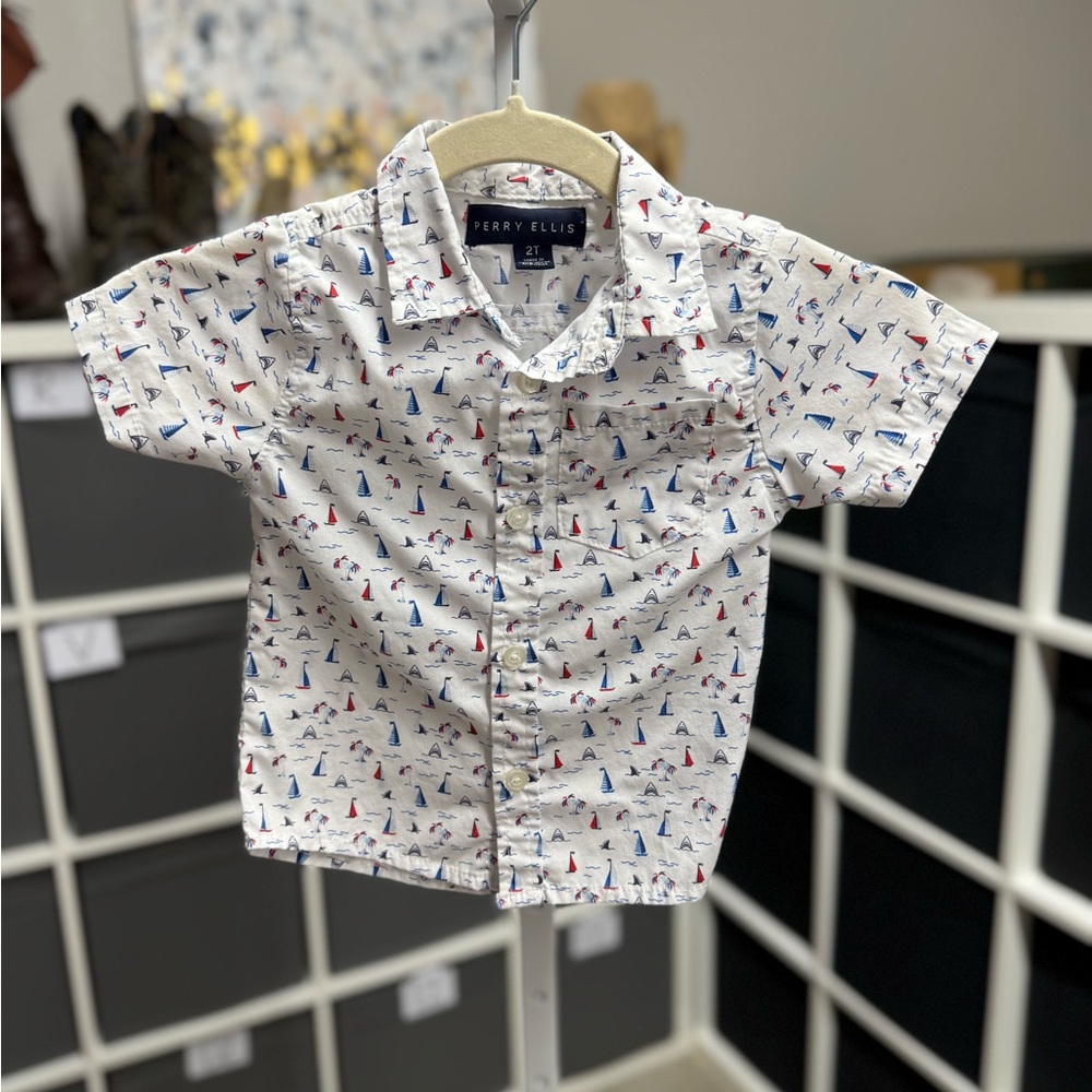 Perry Ellis Kids Red White & Blue 4th of July Patriot c Sailboat Print Shirt